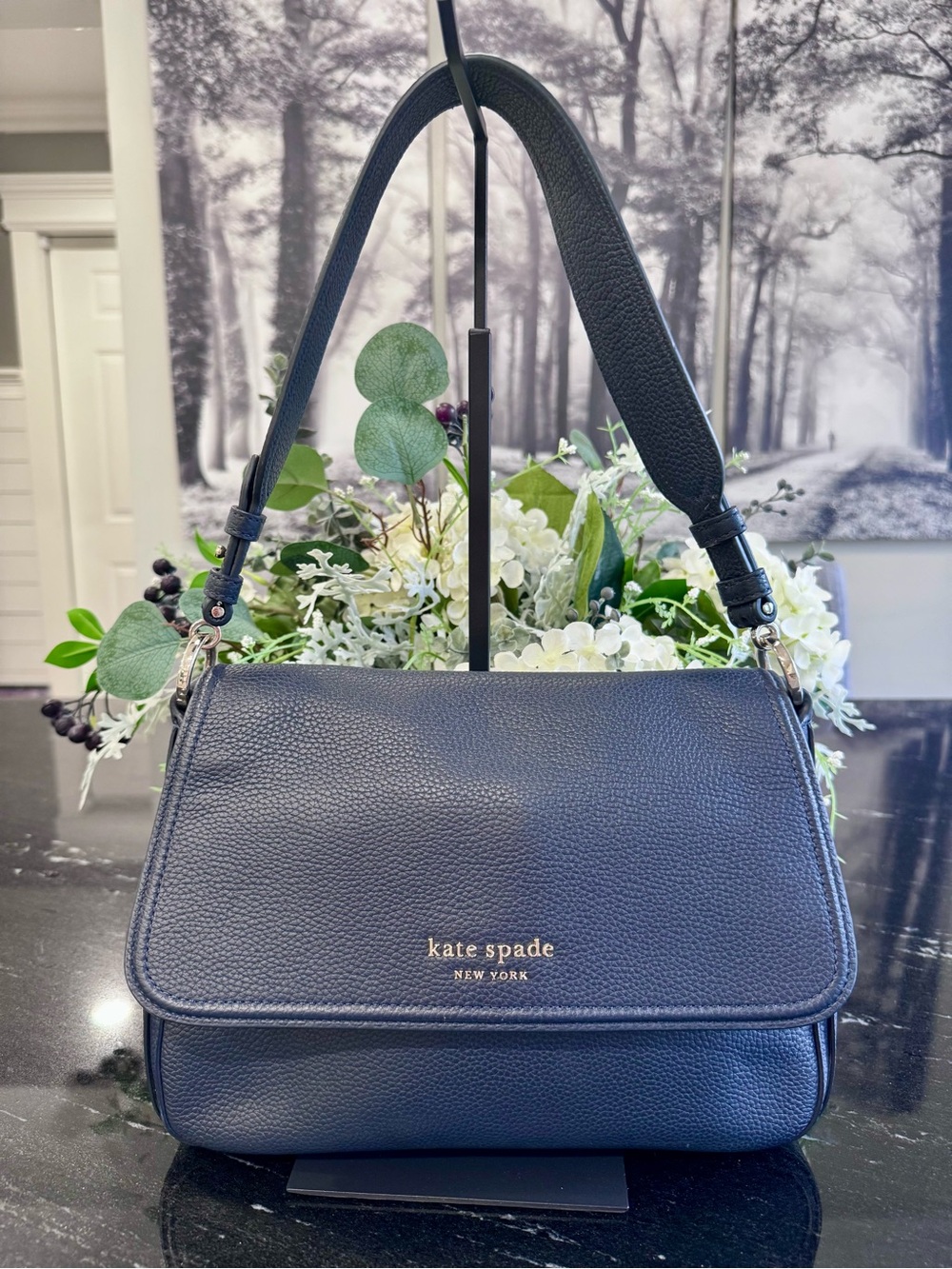 💙♠️Kate Spade Hudson Medium Convertible Shoulder Bag Navy Pebbled Leather
